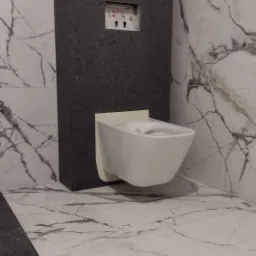 Podwieszana miska WC zamontowana na tle ściany z szarą strukturą, z otwartą puszką instalacyjną, całość otoczona płytkami imitującymi biały marmur.