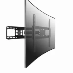 Czarny, metalowy uchwyt ścienny do zakrzywionego telewizora, widziany z boku, na białym tle.