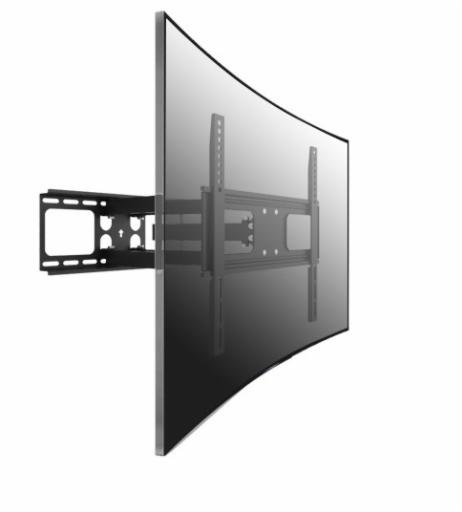 Czarny, metalowy uchwyt ścienny do zakrzywionego telewizora, widziany z boku, na białym tle.