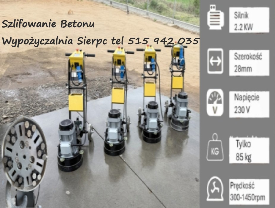 Szlifierki do betonu na wynajem, ustawione w rzędzie, z widoczną tarczą szlifierską z przodu. Informacje o wypożyczalni i specyfikacja techniczna na grafice.