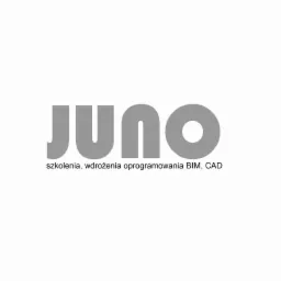 Szare logo firmy Juno z napisem 'szkolenia, wdrożenia oprogramowania BIM, CAD' na białym tle.