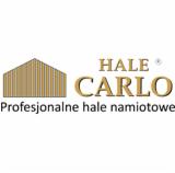 Logo firmy Hale Carlo prezentujące wizualizację hali namiotowej w odcieniach brązu i złota, z napisem 'Profesjonalne hale namiotowe' poniżej.