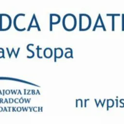 Wizytówka z napisem Doradca Podatkowy Stanisław Stopa, logo Krajowej Izby Doradców Podatkowych oraz numer wpisu 13417, wszystko w odcieniach niebieskiego na białym tle.