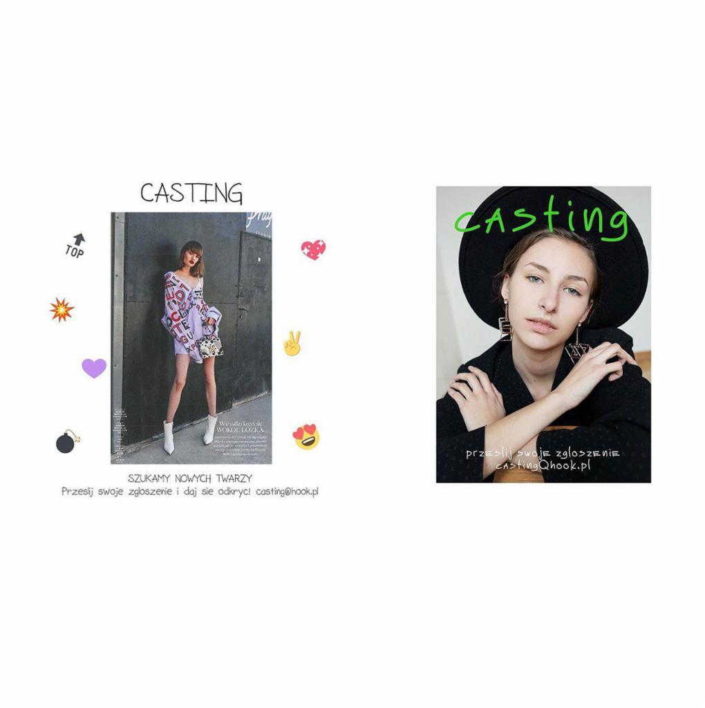 Kolaż dwóch zdjęć castingowych: po lewej modelka w kolorowej stylizacji na tle metalowych drzwi, po prawej portret modelki w czarnym kapeluszu i geometrycznych kolczykach.