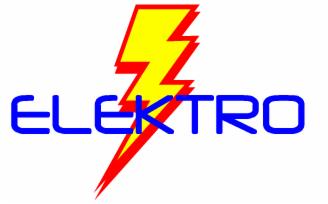 Logo firmy elektrycznej: niebieski napis 'ELEKTRO' z żółto-czerwonym symbolem błyskawicy w tle, umieszczone na białym tle.