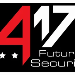 Logo firmy ochroniarskiej '417 Future Security' z czerwono-białym numerem i trzema białymi gwiazdkami na czarnym tle.