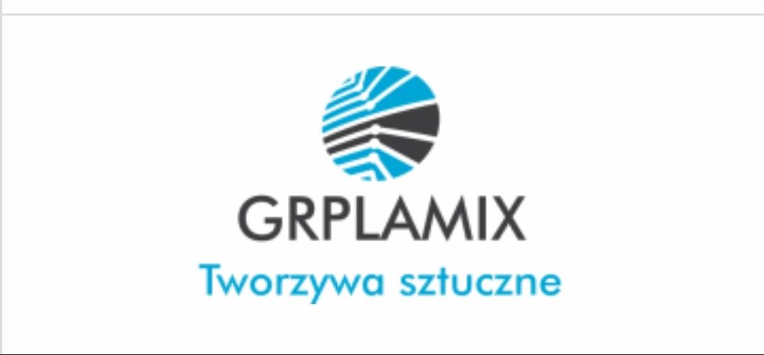 Logo firmy GRPLAMIX z niebiesko-czarnym symbolem koła z liniami i napisem 'Tworzywa sztuczne' w kolorze błękitnym.