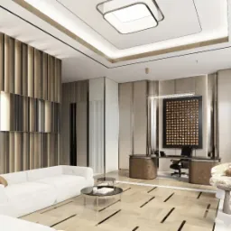 Nowoczesne wykończenie wnętrza biura w Jaktorowie. Dekoracyjna ściana z drewnianymi lamelami, białe sofy i designerskie fotele w przestronnym pomieszczeniu z biurkiem.