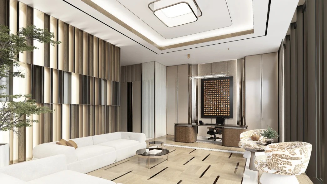 Nowoczesne wykończenie wnętrza biura w Jaktorowie. Dekoracyjna ściana z drewnianymi lamelami, białe sofy i designerskie fotele w przestronnym pomieszczeniu z biurkiem.