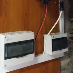 Białe skrzynki elektryczne z przewodami na drewnianej ścianie i szarej, surowej ścianie z boku.