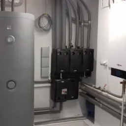 Zestaw urządzeń w kotłowni: szary pionowy zasobnik ciepłej wody z manometrem, cztery czarne moduły sterujące, biały wiszący piec gazowy Viessmann z wyświetlaczem, szare rury instalacyjne.
