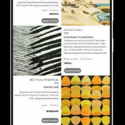 Ekran smartfona prezentujący galerię sztuki online, zawierającą litografie, linoryty i akwarele różnych artystów, w tym port w Normandii Henryka Haydena, abstrakcyjne przekroje Irminy Staś...