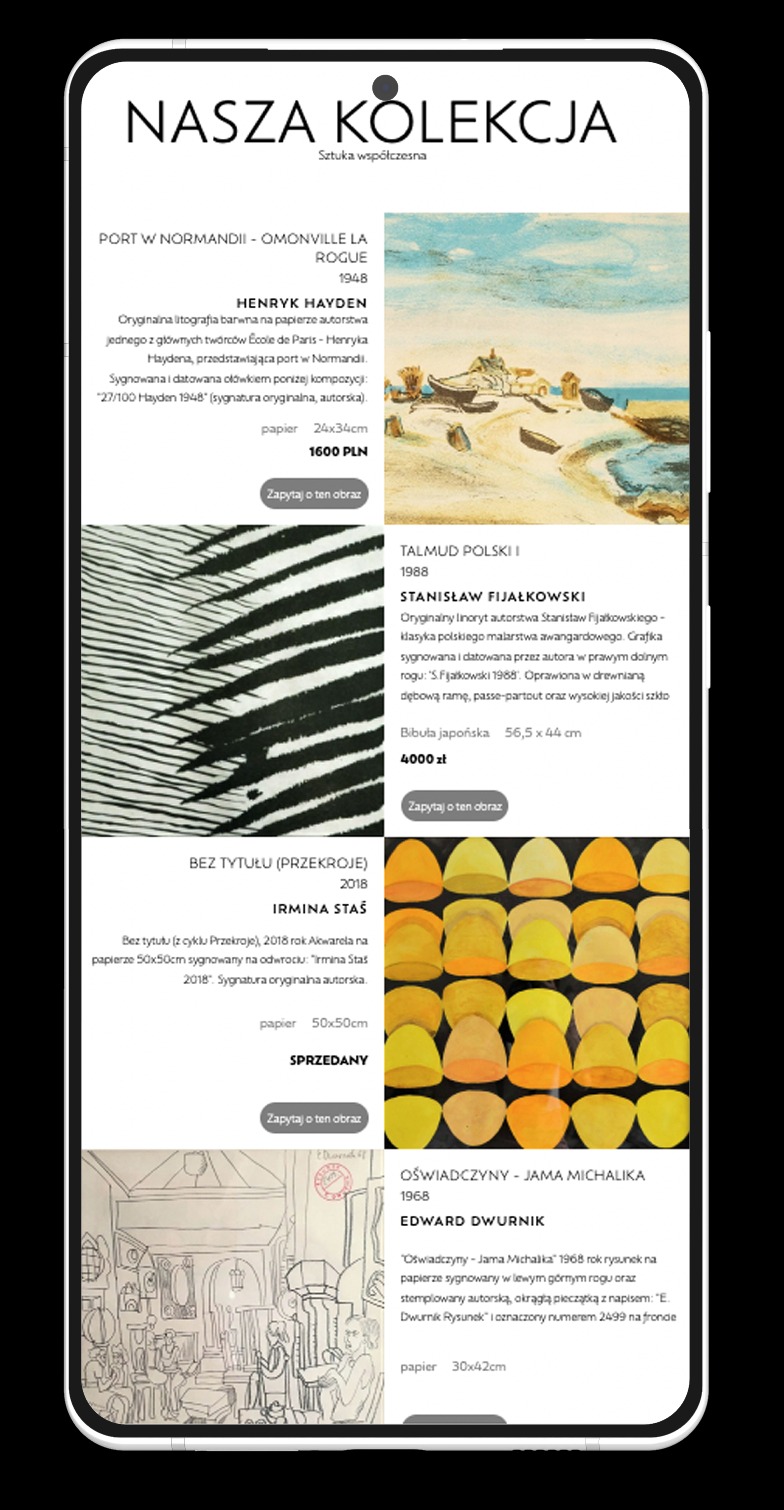 Ekran smartfona prezentujący galerię sztuki online, zawierającą litografie, linoryty i akwarele różnych artystów, w tym port w Normandii Henryka Haydena, abstrakcyjne przekroje Irminy Staś...