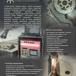 Laserowe czyszczenie metalowej części silnika, iskry widoczne w punkcie działania lasera, urządzenie P-Laser w tle, informacja o zaletach metody i przykładach zastosowania.