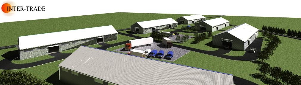 Wizualizacja kompleksu hal przemysłowych w Jastrzębiu Zdroju z dojazdem dla samochodów ciężarowych, otoczonych zielenią.