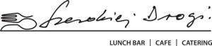 Logo firmy cateringowej z stylizowanym rysunkiem sztućców i odręcznym napisem 'Szerokiej Drogi' oraz informacją o ofercie: Lunch Bar, Cafe, Catering.