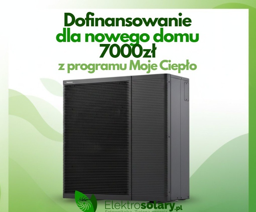 Pompa ciepła Panasonic w grafice z informacją o dofinansowaniu 7000 zł z programu Moje Ciepło. Minimalistyczny design, stonowana kolorystyka, logo firmy w rogu.
