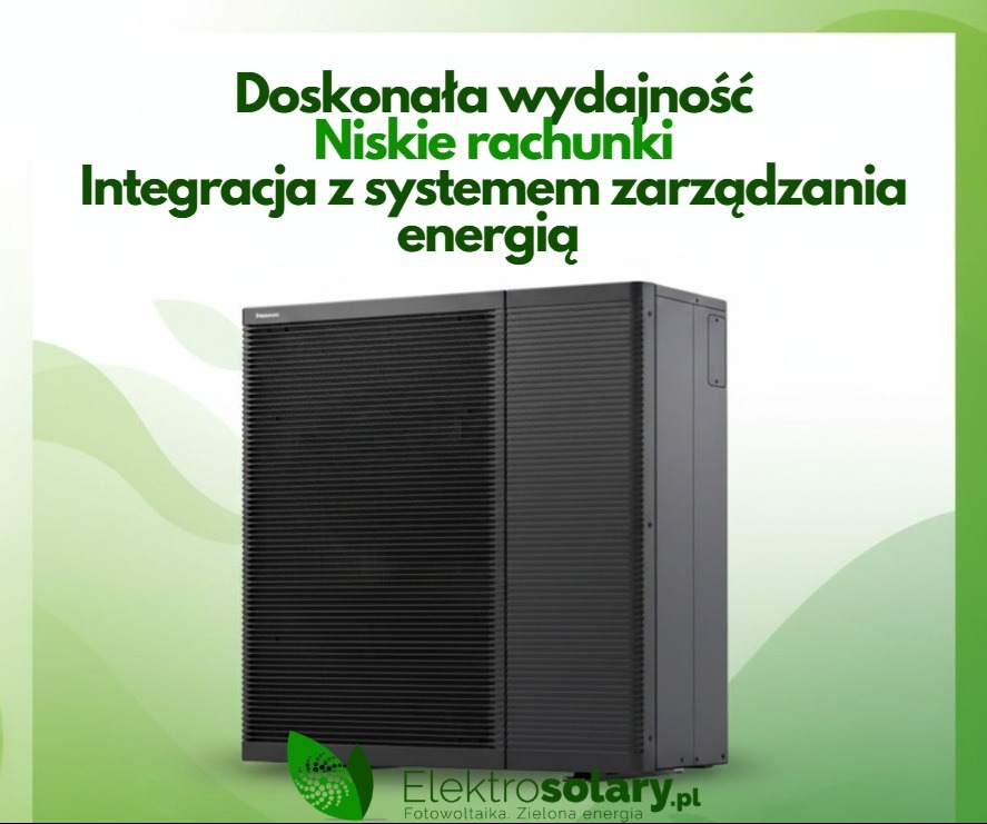 Czarna pompa ciepła Panasonic Aquarea z zielonymi akcentami i hasłami o wydajności i niskich rachunkach, zintegrowana z systemem zarządzania energią.