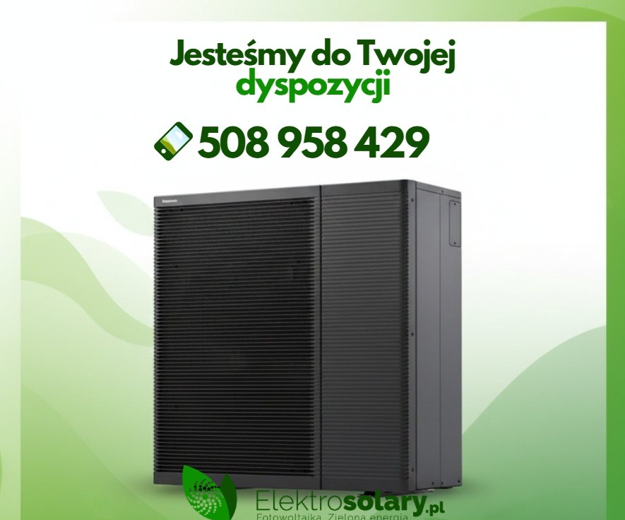 Czarna pompa ciepła Panasonic na białym tle z zielonymi akcentami, numer telefonu i logo firmy Elektrosotary.pl. Gotowość do kontaktu.