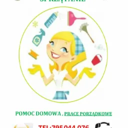 Grafika reklamowa usług sprzątania: uśmiechnięta blondynka w żółtych rękawicach, otoczona ikonami środków czystości, logo firmy i hasła reklamowe na białym tle.