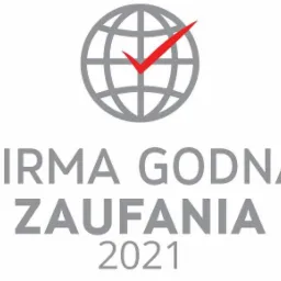 Logo 'Firma Godna Zaufania 2021' z symbolem globu i czerwonym znakiem akceptacji.