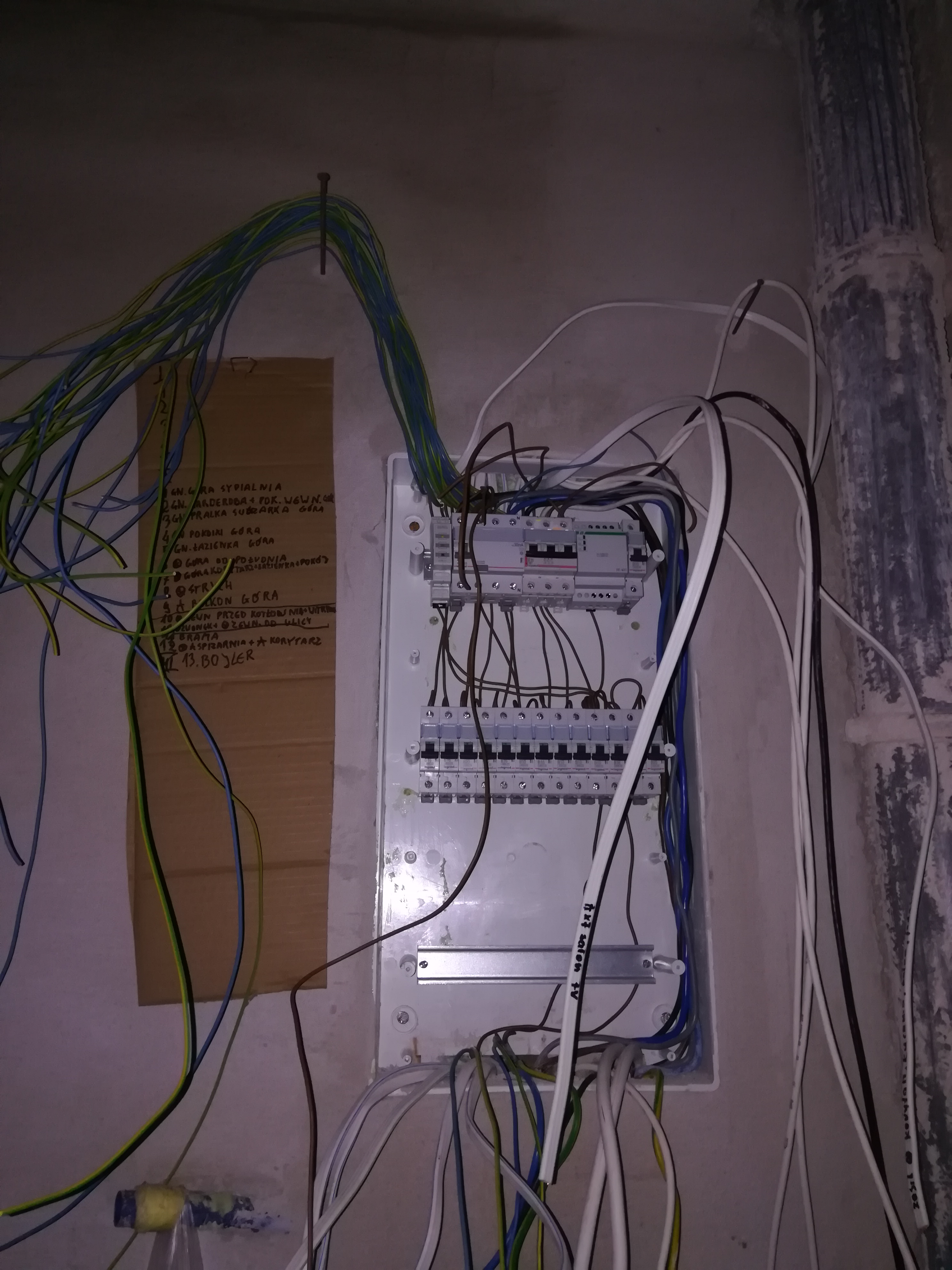Rozdzielnica elektryczna w trakcie montażu, z licznymi przewodami wychodzącymi z góry i dołu, tymczasowo przymocowana kartka z odręcznymi notatkami dotyczącymi obwodów.