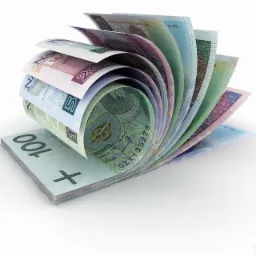 Stos banknotów polskich złotych, częściowo zwiniętych w spiralę, na białym tle.