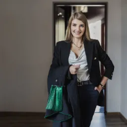 Uśmiechnięta blondynka w czarnej marynarce i todze adwokackiej trzymanej na ramieniu, pozująca w korytarzu z otwartymi drzwiami w tle.