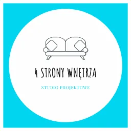 Logo firmy z Krakowa: grafika przedstawia schematyczną sofę z poduszkami nad napisem '4 STRONY WNĘTRZA STUDIO PROJEKTOWE' na białym tle, otoczone turkusowym okręgiem.