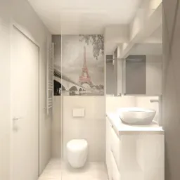 Wizualizacja łazienki z fototapetą przedstawiającą Wieżę Eiffla, białą ceramiką i meblami w minimalistycznym stylu.
