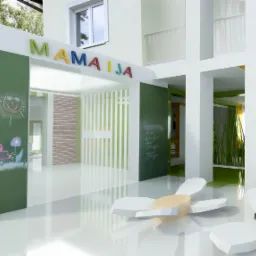 Wizualizacja wnętrza przedszkola z białymi ścianami, zielonymi akcentami, tablicą z rysunkami dziecięcymi i meblami w kształcie kwiatów.