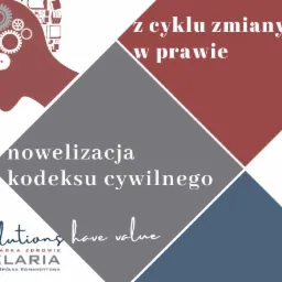 Grafika informacyjna kancelarii prawnej Banaszewska Modro Spółka Komandytowa, dotycząca nowelizacji kodeksu cywilnego, z motywem głowy wypełnionej książkami i zębatkami, w kolorystyce bordo...