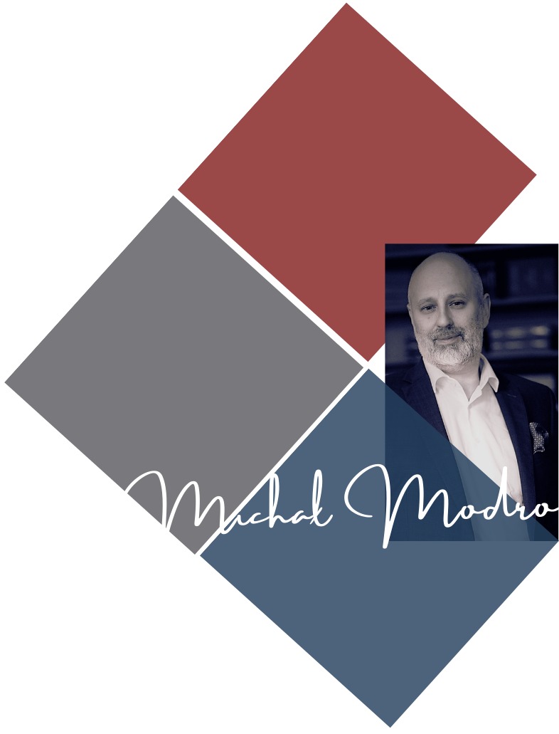 Grafika z portretem uśmiechniętego mężczyzny w garniturze na tle regałów z książkami, umieszczonym w kompozycji z kolorowych rombów i odręcznym napisem.