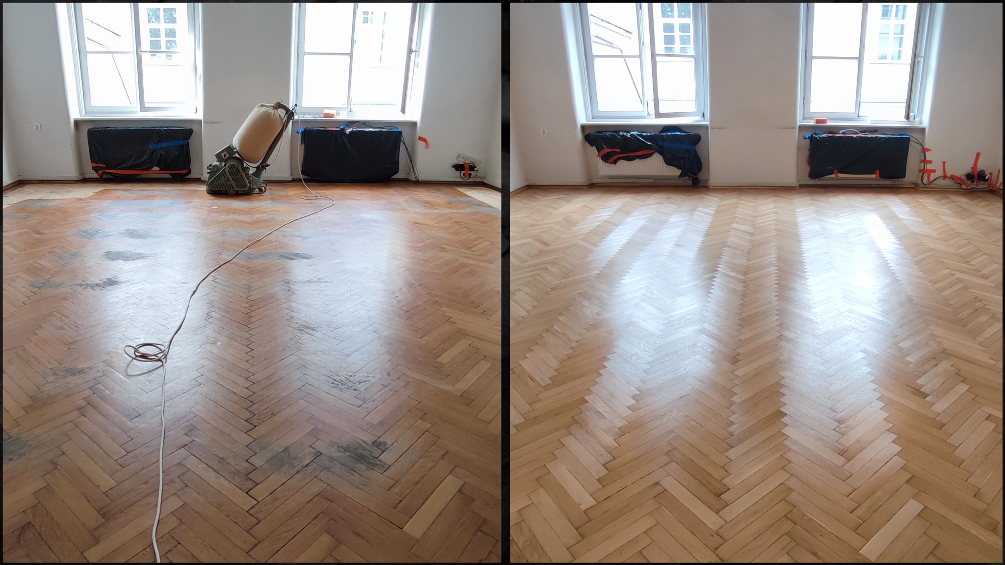 Porównanie podłogi parkietowej przed i po renowacji. Po lewej stronie widoczne ślady użytkowania i maszyna do obróbki drewna, po prawej odnowiona, jasna podłoga ułożona w jodełkę.