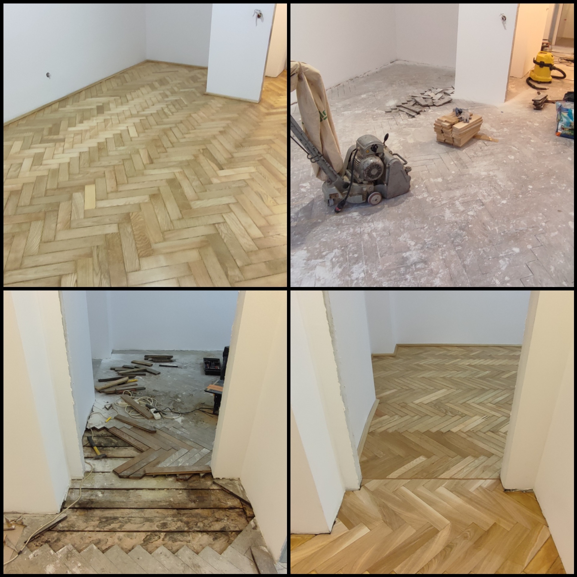 Montaż i renowacja parkietu w jodełkę: cztery etapy - ułożona podłoga, szlifowanie maszyną, przygotowanie podłoża i efekt końcowy.