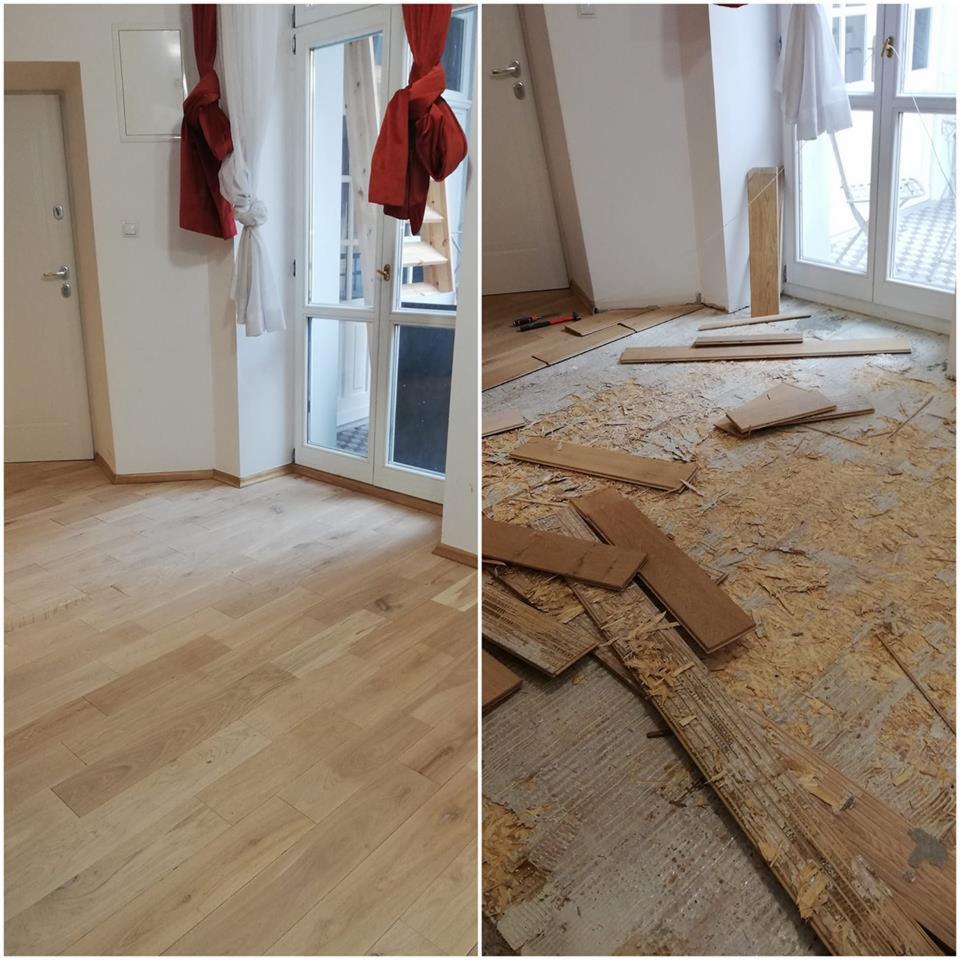 Porównanie podłogi przed i po: po lewej stronie świeżo ułożone jasne panele podłogowe, po prawej fragment starej, zdemontowanej podłogi z widocznymi resztkami kleju i fragmentami paneli.