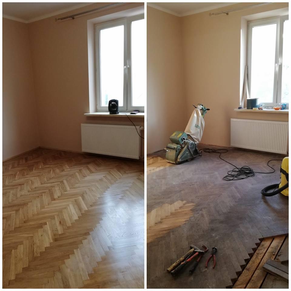 Pokój z parkietem w jodełkę przed i w trakcie renowacji: po lewej odnowiona część, po prawej szlifierka parkietowa, narzędzia i fragment starej podłogi.