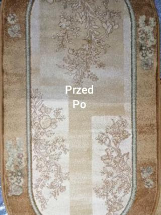 Owalny dywan z kwiatowym wzorem w odcieniach beżu i brązu, z widocznym napisem 'Przed' i 'Po', wskazującym na efekt czyszczenia.