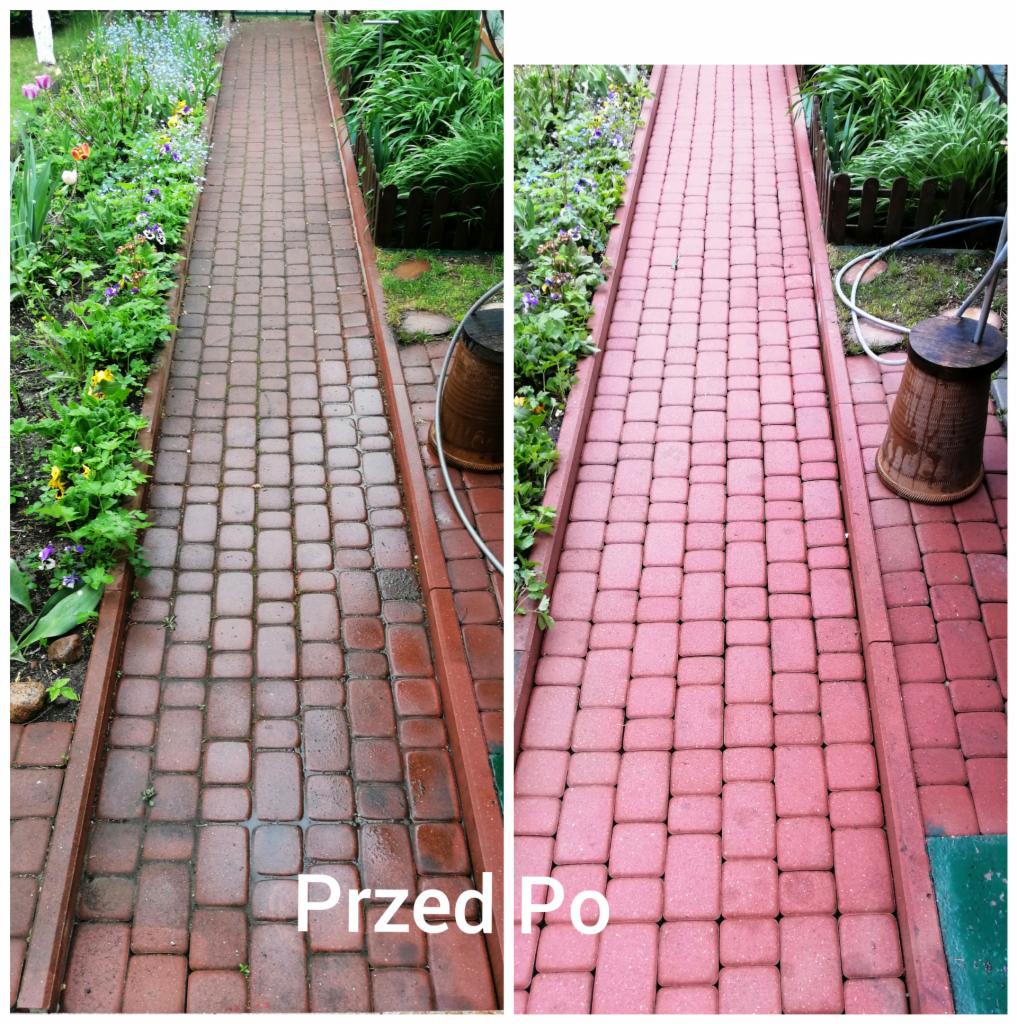 Porównanie kostki brukowej przed i po umyciu, widoczna różnica w kolorze i czystości, zarys rabat kwiatowych po bokach ścieżki.