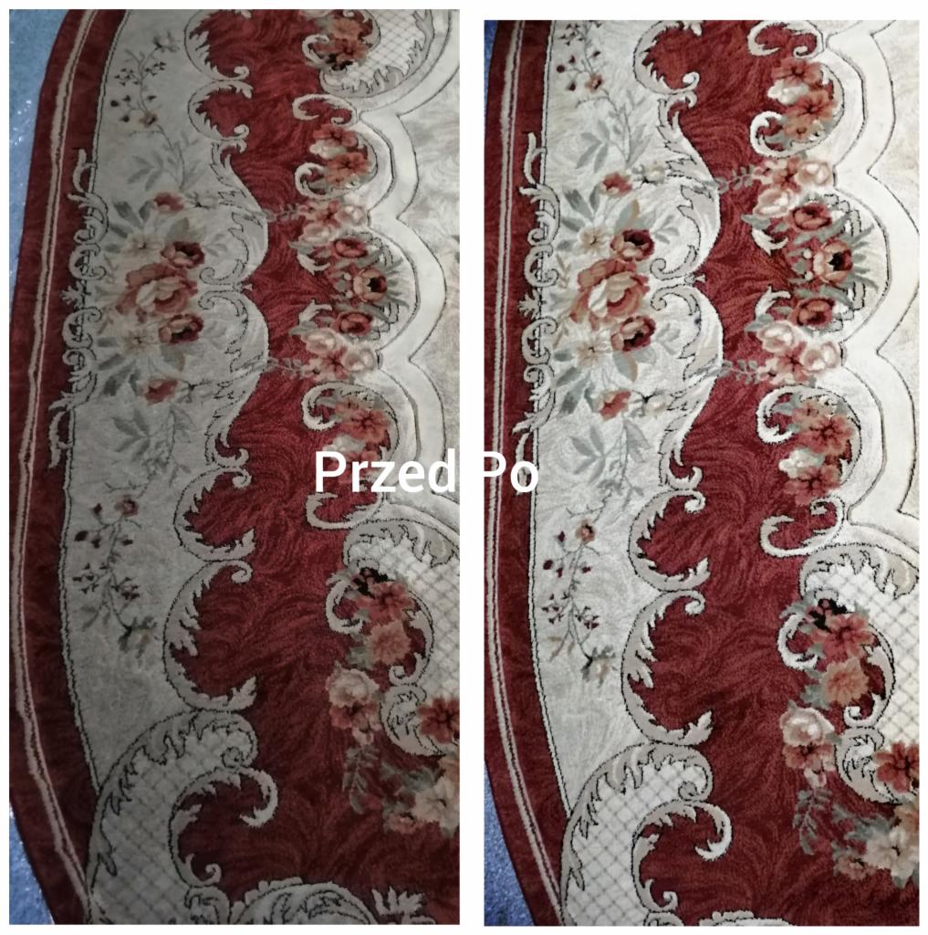 Owalny dywan z bordowo-kremowym wzorem kwiatowym, ujęcie typu 'przed' i 'po' czyszczeniu, widoczne wyraźne rozjaśnienie kolorów i usunięcie zabrudzeń.