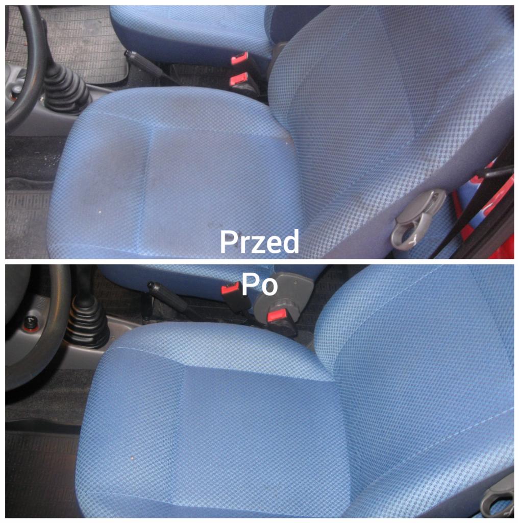 Dwa ujęcia fotela samochodowego w odcieniach niebieskiego, górne prezentuje zabrudzoną tapicerkę z widoczną plamą, dolne ukazuje fotel po czyszczeniu, z odświeżonym kolorem i brakiem plam.