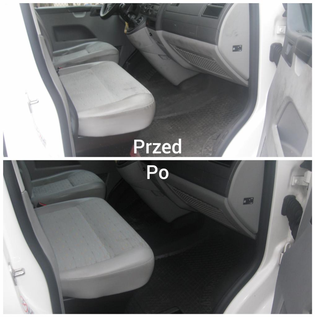 Wnętrze samochodu dostawczego przed i po czyszczeniu, widoczne jasne siedzenia i ciemna podłoga po zabiegu, białe drzwi po lewej stronie.