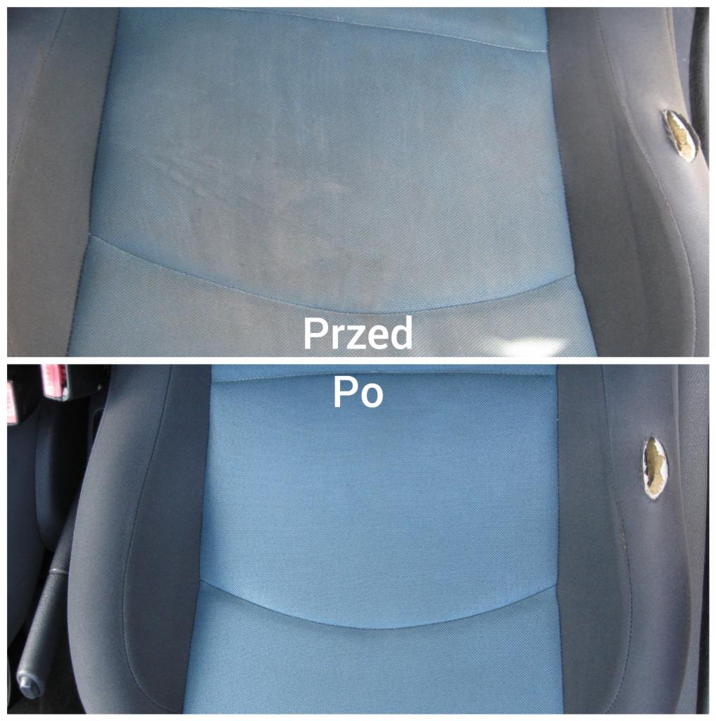 Fotografia typu 'przed i po' przedstawia nieczyste, a następnie wyczyszczone, niebieskie siedzenie samochodowe z szarą obwódką. Widoczne plamy zniknęły po czyszczeniu.