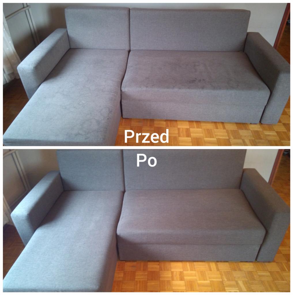 Szara narożna kanapa modułowa: górne zdjęcie pokazuje widoczne plamy i zabrudzenia na tapicerce, dolne zdjęcie prezentuje ten sam mebel po czyszczeniu, z jednolitą, czystą powierzchnią.