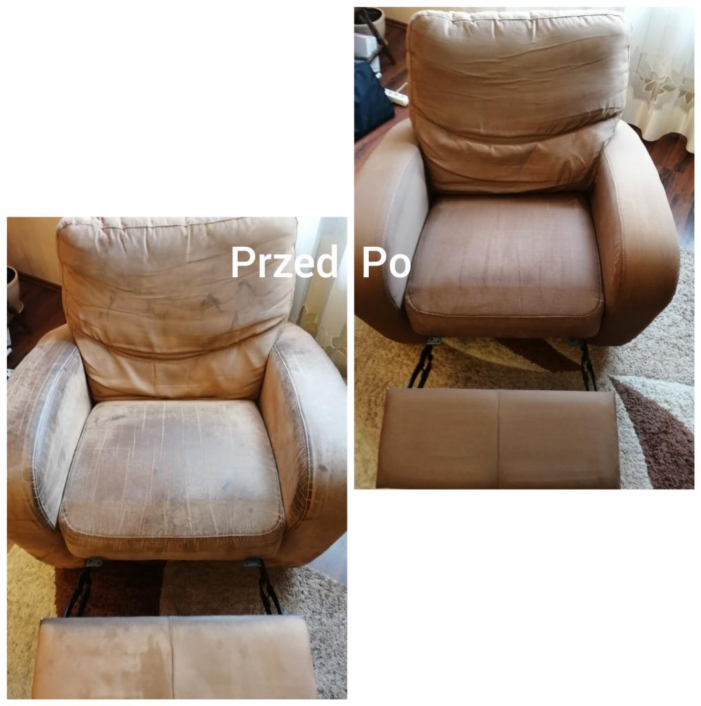 Fotografia przedstawia porównanie fotela z podnóżkiem przed i po czyszczeniu. Po lewej stronie fotel jest brudny i poplamiony, natomiast po prawej stronie jest czysty i odświeżony.