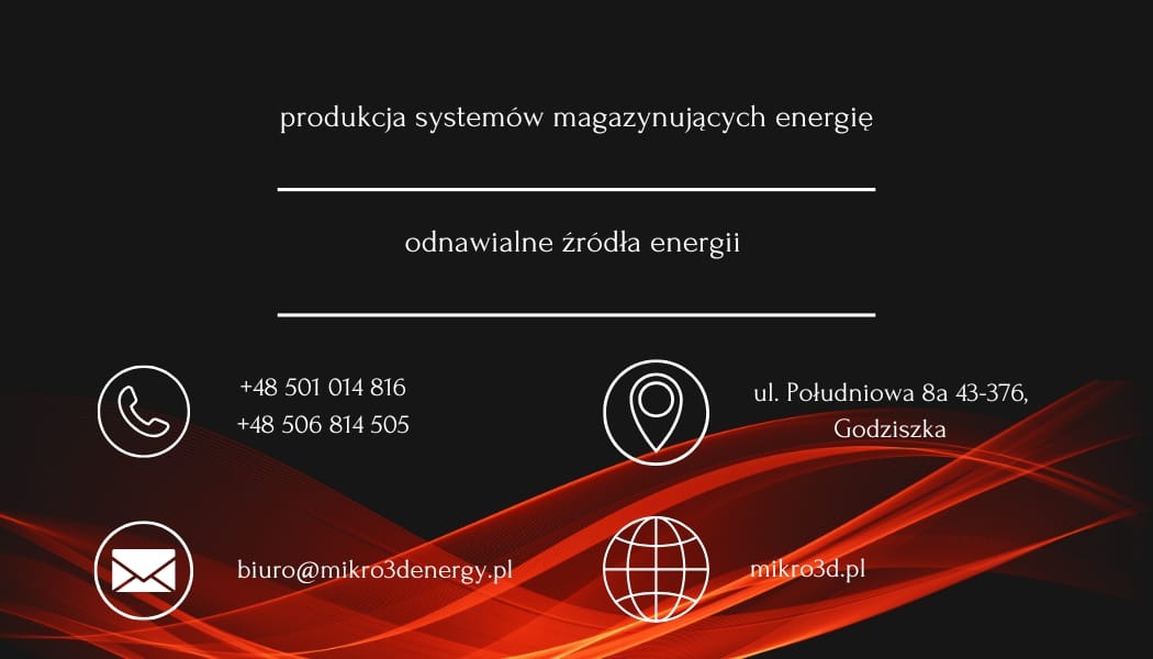 Wizytówka firmy z branży odnawialnych źródeł energii, oferującej produkcję systemów magazynujących energię, z danymi kontaktowymi: numerami telefonów, adresem e-mail i adresem siedziby, na tle...
