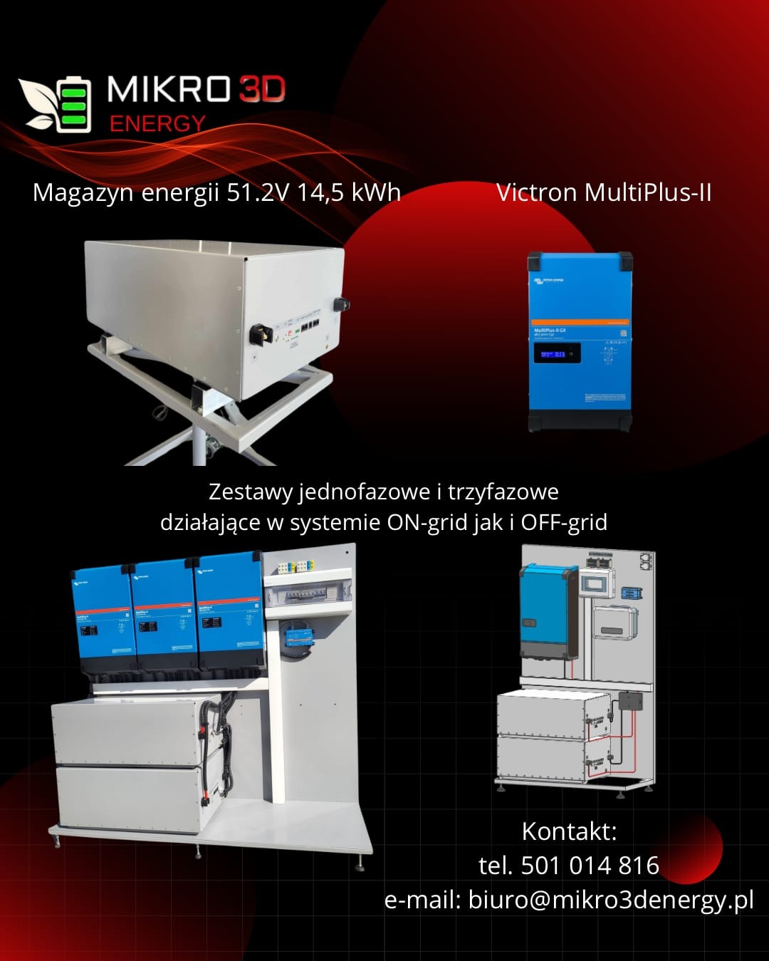 Prezentacja systemów magazynowania energii: biały akumulator 51.2V 14,5 kWh na metalowym stelażu, niebieski inwerter Victron MultiPlus-II oraz zestawy jedno i trójfazowe do systemów on-grid...