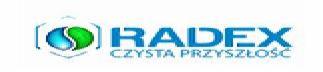 Logo firmy RADEX z hasłem 'Czysta Przyszłość', w kolorystyce niebiesko-zielonej, z abstrakcyjnym symbolem w lewej części.