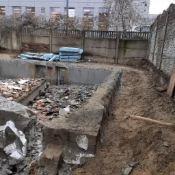 Fragment rozbiórki fundamentów budynku, z gruzem ceglanym i betonowym wewnątrz wykopu, z widocznymi fragmentami ścian, ziemią wokół i stosem niebieskich płyt izolacyjnych w tle, przy betonowym...