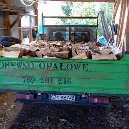 Drewno opałowe .Budowa Wiaty,Garaże z drewna ,Ogrodzenia panelowe oraz z drewna .Układanie kostki brukowej. - Ciężarówka z zieloną skrzynią ładunkową wypełniona pociętym drewnem, zaparkowana w zadaszonym miejscu z widocznym numerem telefonu i napisem na skrzyni, z tyłu widać zieleń drzew.